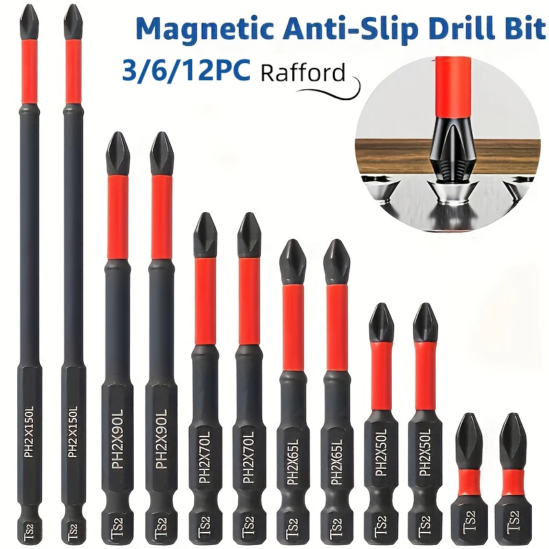 Magnetisches Rutschfestes Bohrerset 3/6/12 Teile, S2-Stahl, Kreuzschlitz- und Schlagbohrer, Geeignet für Elektro- und Handbohrmaschinen