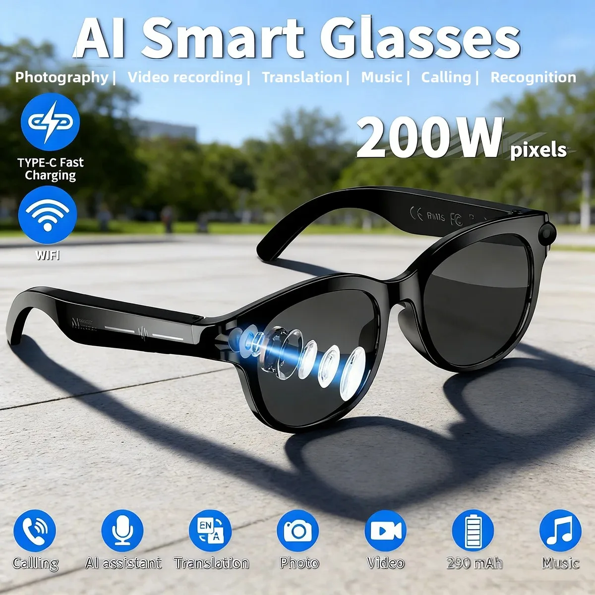 

Умные очки AI для мужчин: с функцией перевода в реальном времени, камерой, Bluetooth-звонками, аудио- и видеоплеером, а также воспроизведением музыки
