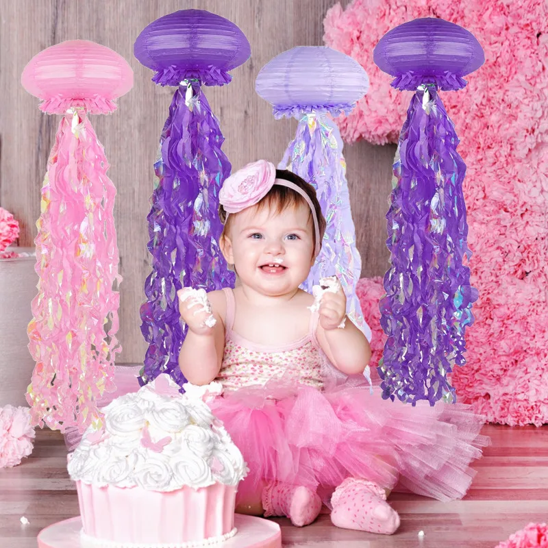 タッセル付きハンギングペーパーランタン、カラフルな虹色の人魚、クラゲ、海をテーマにした、子供の誕生日パーティーの装飾