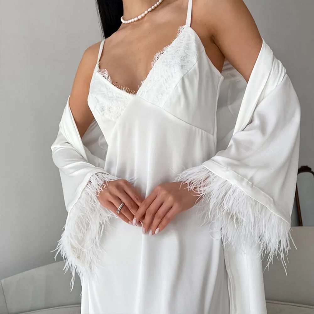 

Feather Lace Pajama Set Women's Home Clothes Sleep Dress Long Sleeve V-Neck Suite Spring Fashion Comfortable Breathable Night...