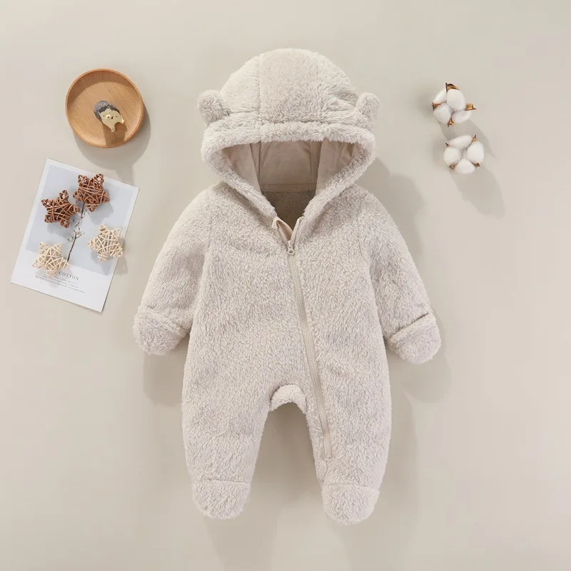 Autumn Winter Newborn Girls Rompers Bear Ears Hooded Solid Thicken Warm Plus Velvet Baby Girls Bodysuit Infant Girls Jumpsuit