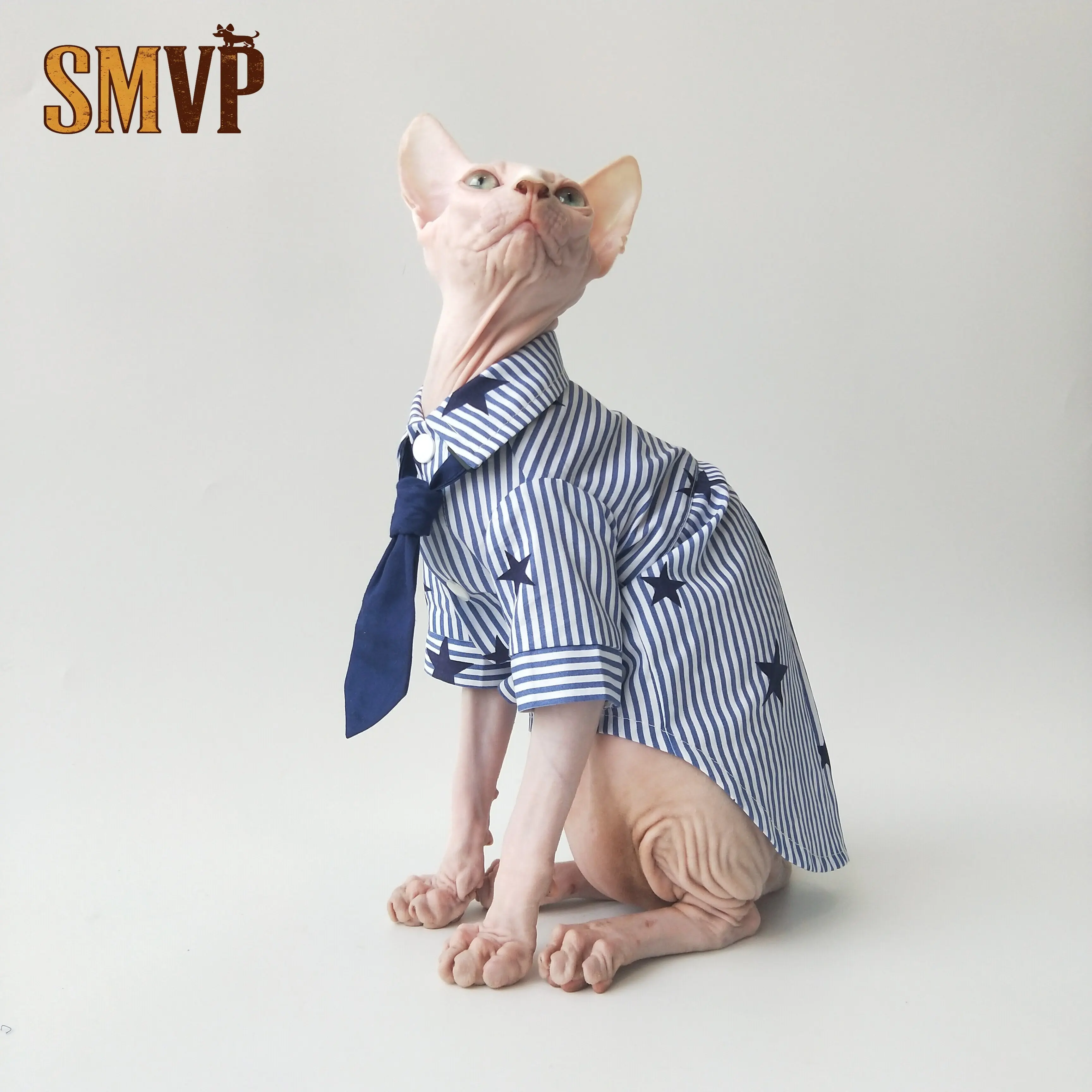 

Spring Summer Lightweight Couple's Blue Striped Cotton Tie Shirt Breathable Cool Sphinx Devon Rex Cat Apparel