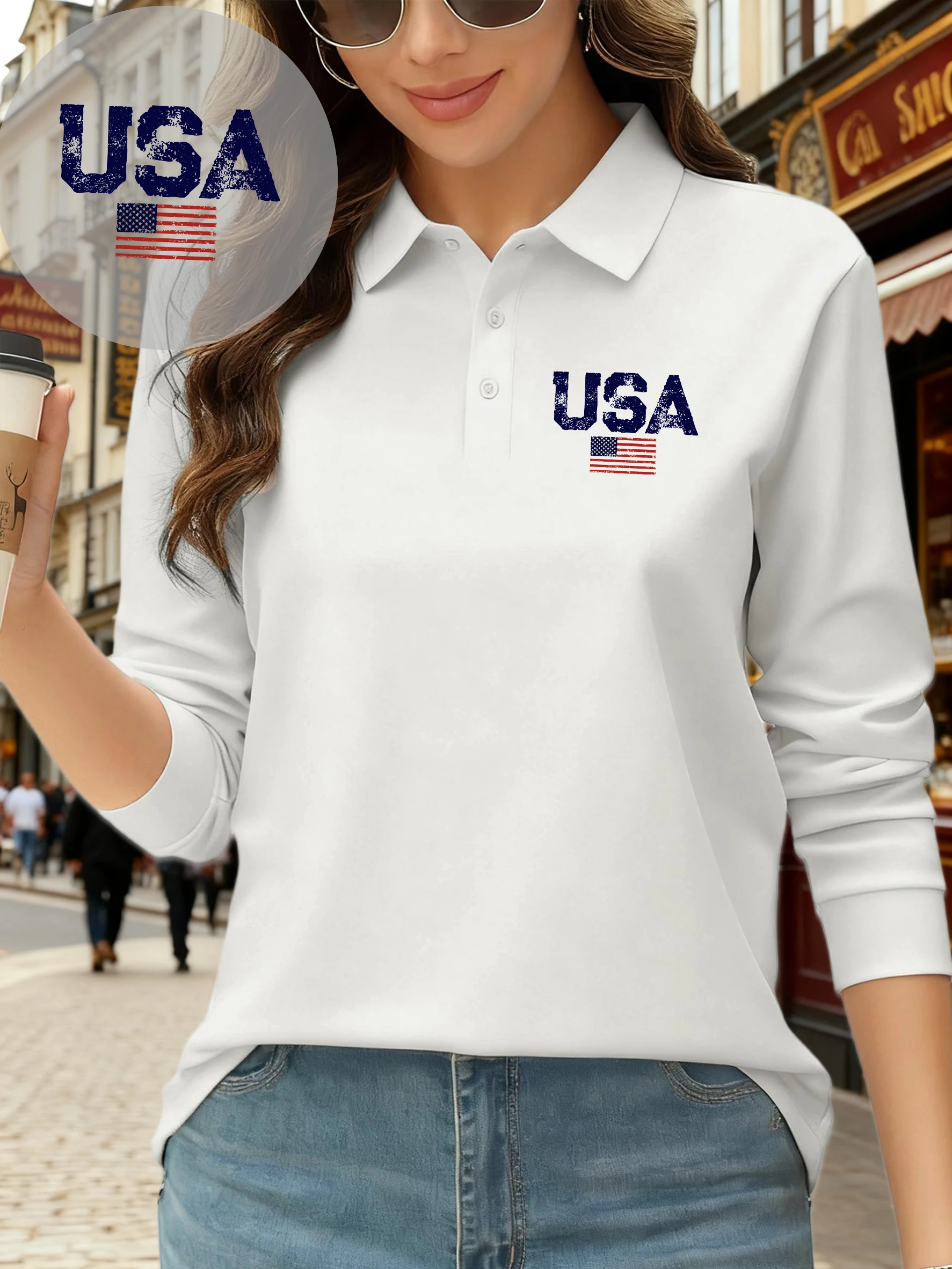 

Рубашка поло с принтом американского флага США, женская осенняя универсальная флисовая деловая футболка с длинными рукавами и лацканами, одежда унисекс