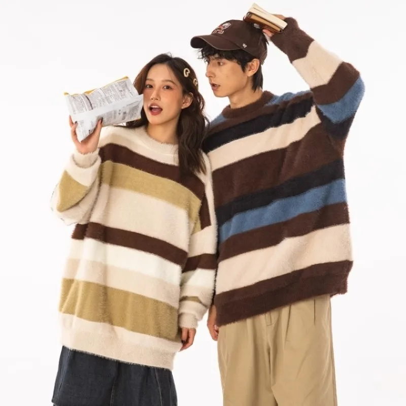 Couples Striped Sweaters Women Warm Casual Vintage O-neck Knitwear Handsome Autumn Winter Soft Pullovers Versatile Chic Ulzzang