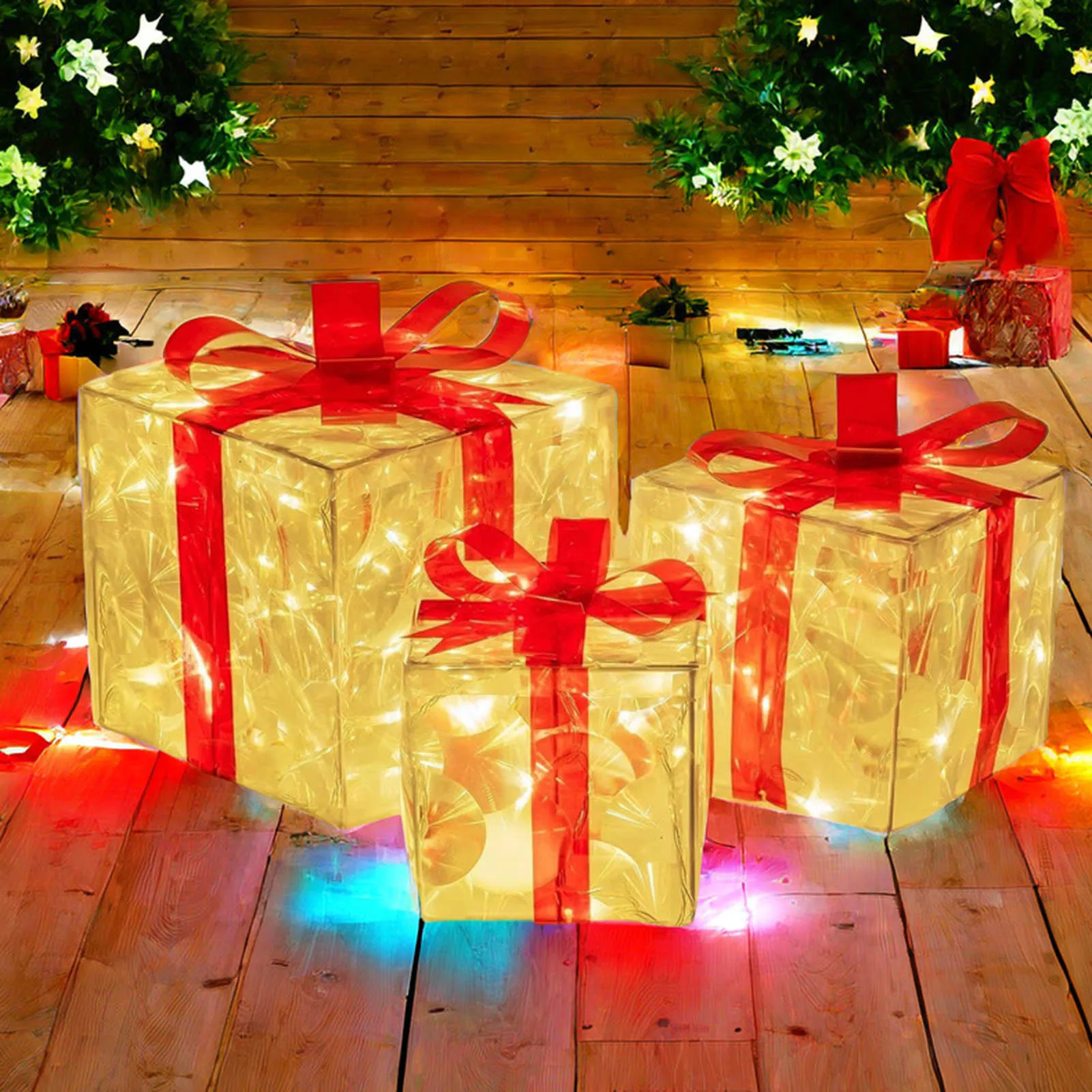 

3pcs/set Glowing Christmas Gift Boxes with Bow Christmas Party Ornament Outdoor Yard Valentine Xmas Surprise Gift Box Navidad