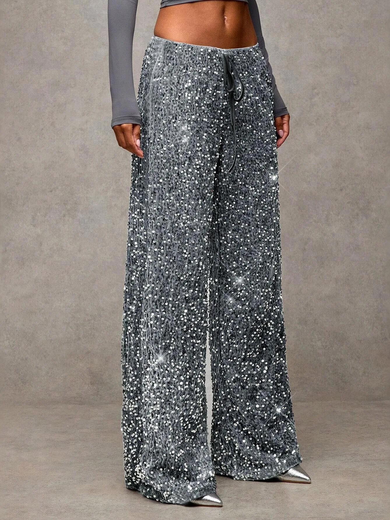 Fashionable Sequined Drawstring Slimming Elastic Straight Leg Pants Women Casual Trousers Natural Waist Printed 2024 Spring