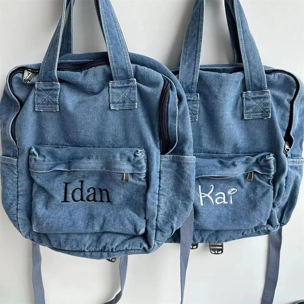 

Denim Canvas Backpack Custom Embroidered Name Large Capacity Schoolbag Personalized Name Boys Girls Birthday Gift Travelling Bag