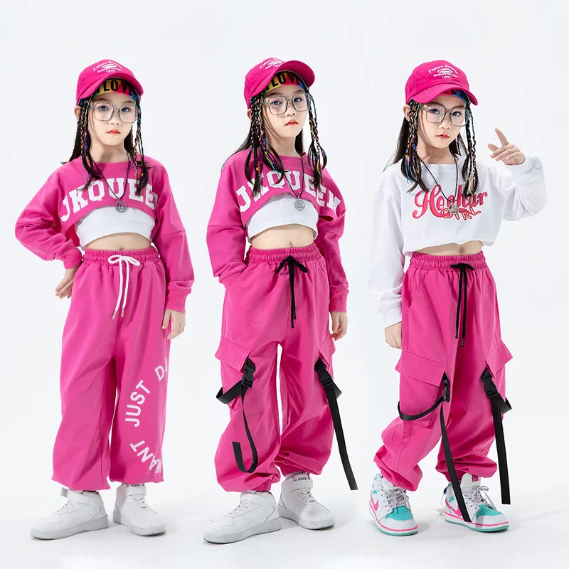 

Kid Hip Hop Clothing Sweatshirt Crop Top Casual Strap Streetwear Cargo Jogger Sweat Pants for Girls Jazz Dance Costume Clothes