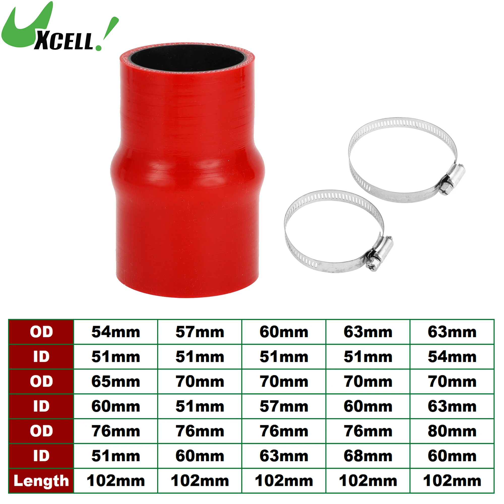 UXCELL 54mm-80mm OD to 51mm-60mm ID 102mm Length Car Silicone Hose with Clamps Hump Hose Coolant Hose Set Red