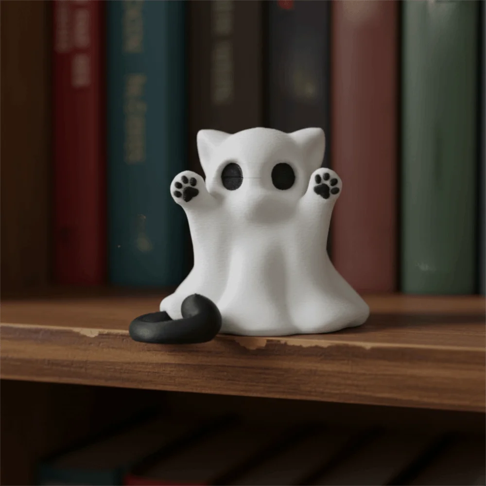 Creative 3D-printed Halloween Kitten Ghost Ornament Mini Plastic Ghost Cat Figurine Hand-Raising Posture Ghost Cat Ornament Gift