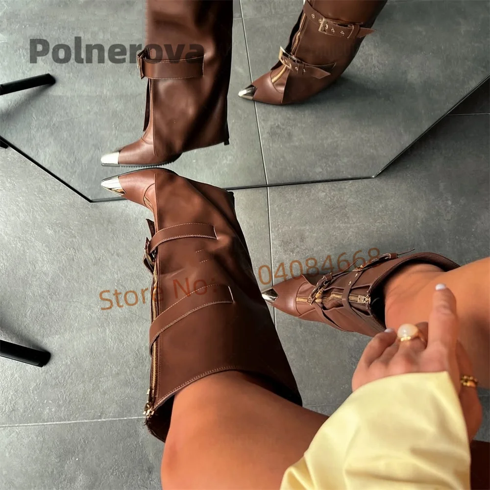 

Сапоги до колена с металлическим острым носком и пряжкой на ремне, женские модные кожаные брючные ботинки на тонком высоком каблуке с молнией спереди, крутая обувь для вечеринок