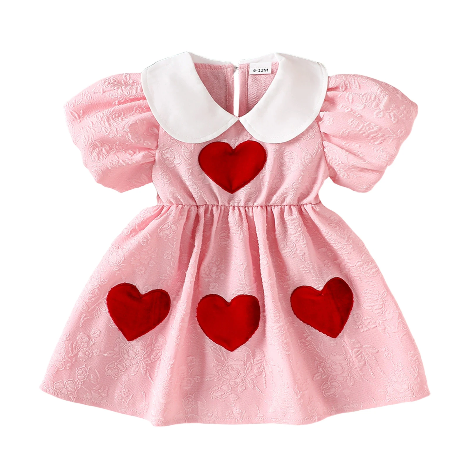 Summer Kids Toddler Girl A Line Dress Short Puff Sleeve Doll Collar Heart Embroidery Dress Clothes