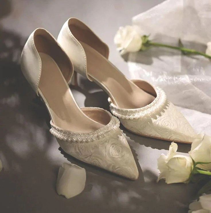 Beige White Flower Satin Pearls Mary Jane Single Pumps Women Chunky Heels Mesh Bandage Summer High Heel Shoes