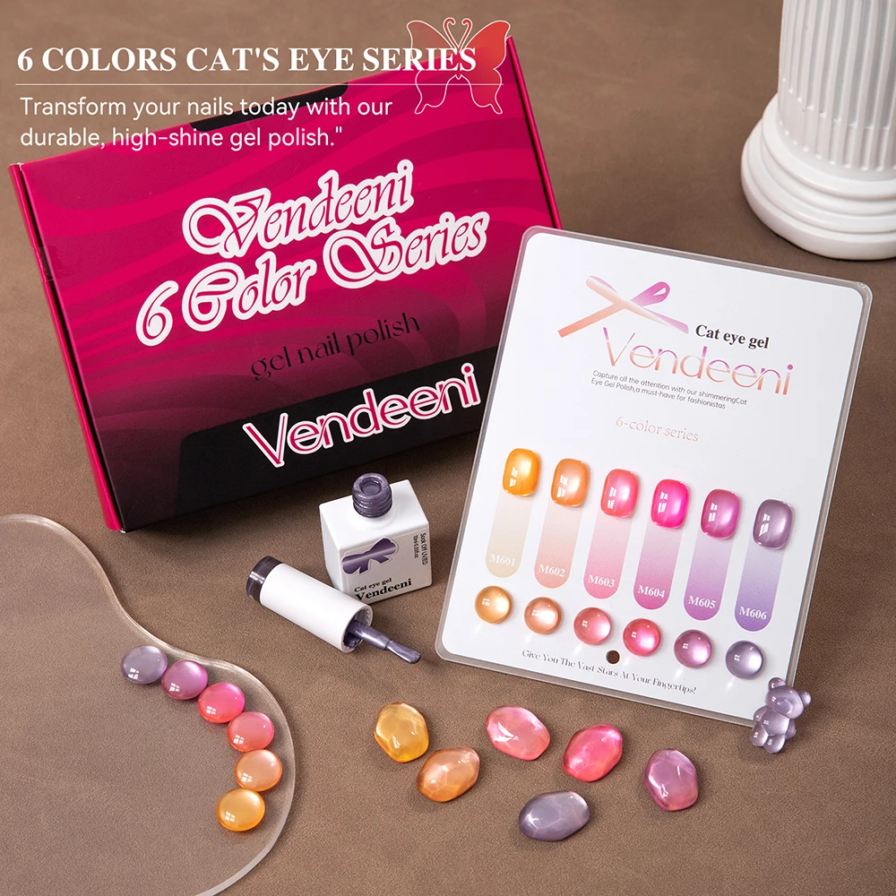 

Vendeeni 6 Colors/Set Dreamy Crystal Cat Eye Gel Nail Polish Magnetic Glass Beads Pink Purple UV LED Gel Varnish With Display