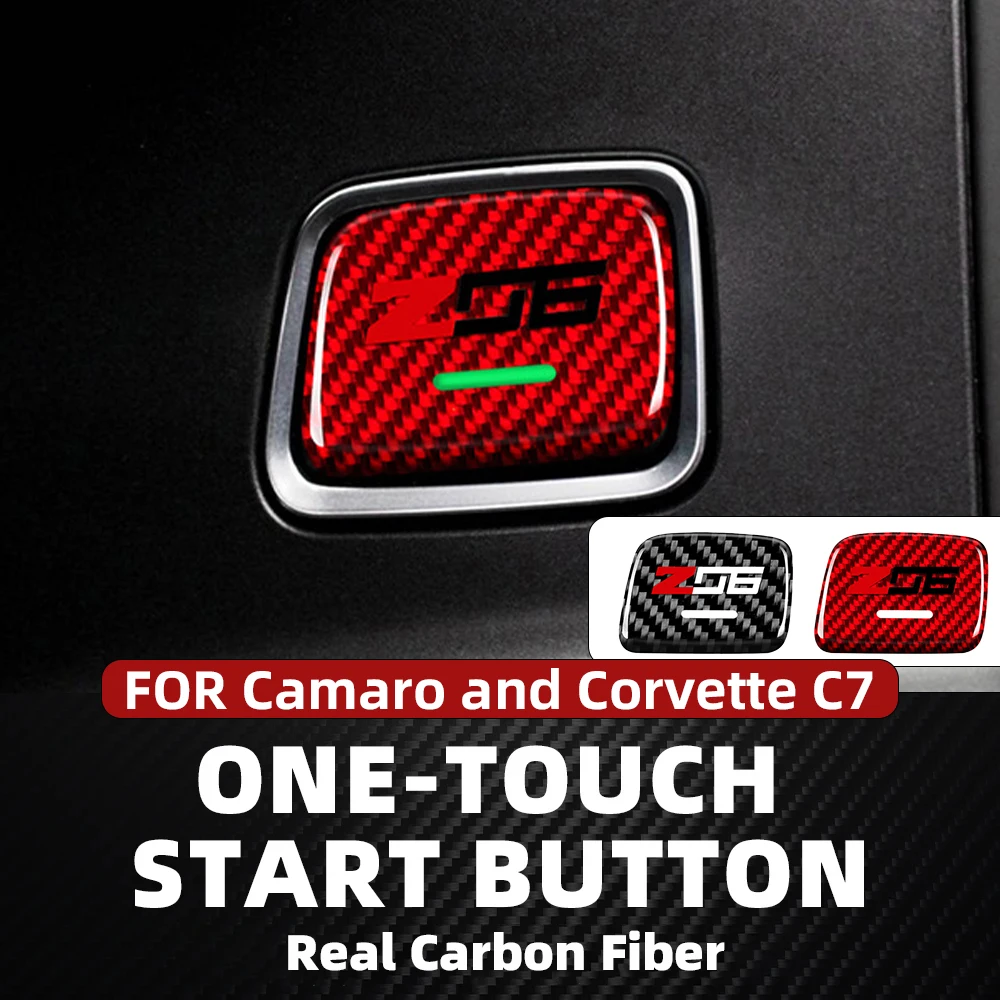 Car One-Touch Start Button Cover for Chevrolet Camaro Corvette C7, Real Carbon Fiber Hard Start-Stop Switch Decorative Cover Interior Sticker, Red and Black Accessories