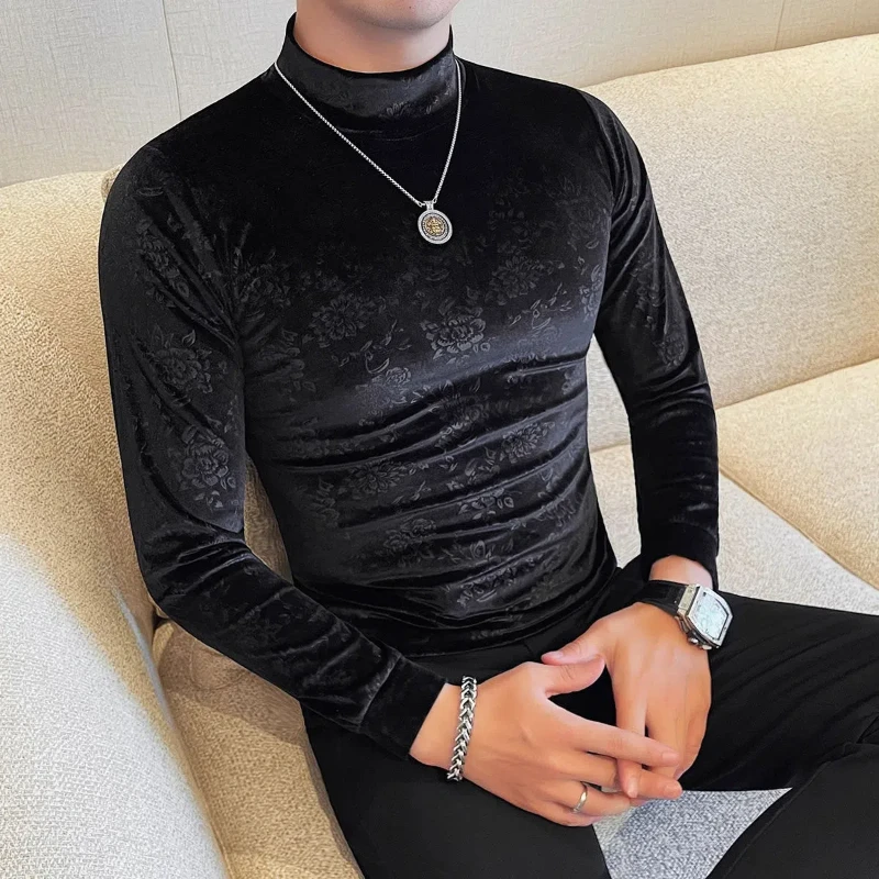 Men Velvet Printing Casual Long Sleeve Slim T Shirt Pullover Autumn Winter New M207