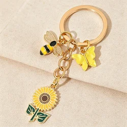 Cute Enamel Sunflower Bee Butterfly Keychain Alloy Metal Key Ring Bag Charm Pendant For Women Car Backpack Wallet Accessories