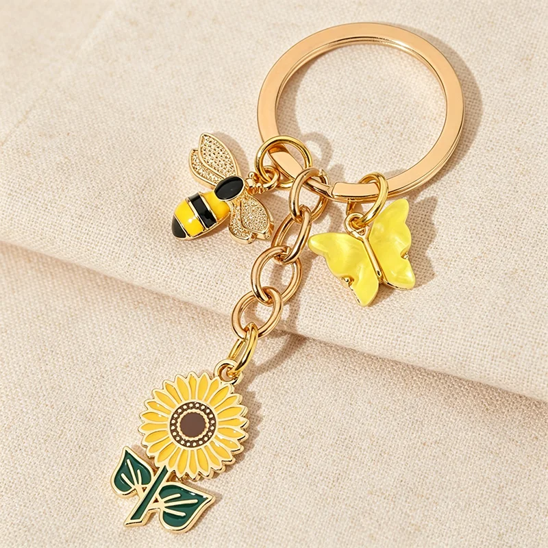 Cute Enamel Sunflower Bee Butterfly Keychain Alloy Metal Key Ring Bag Charm Pendant For Women Car Backpack Wallet Accessories