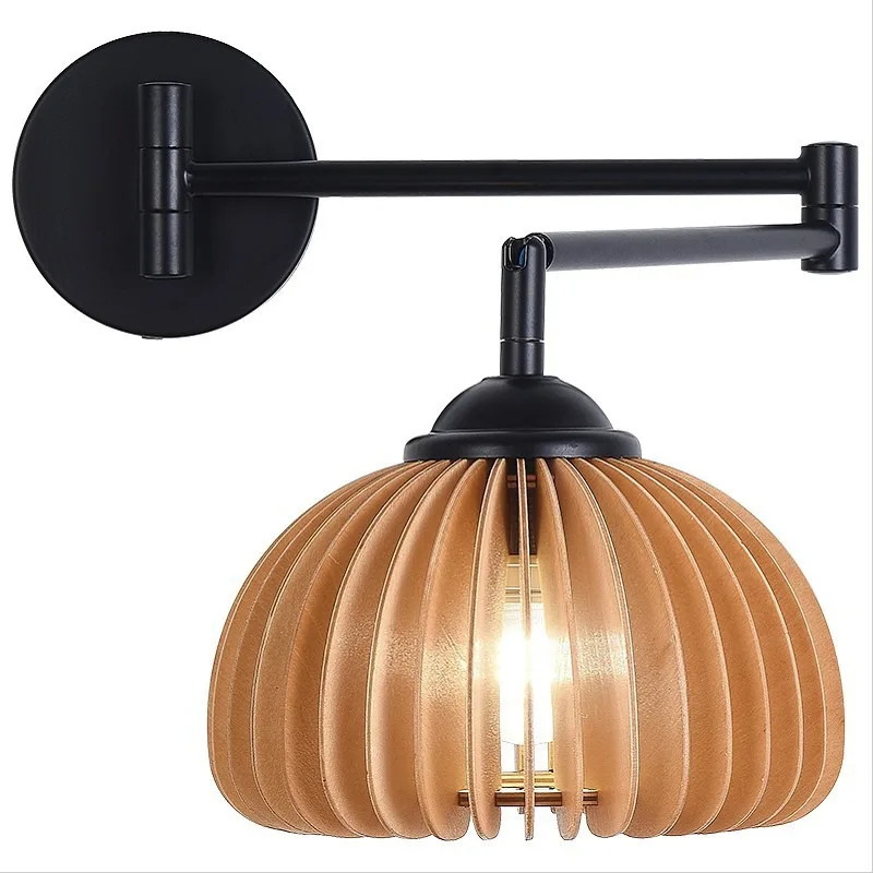 For Wall Lamp Nordic Bedside Lamp Bedroom Retractable Folding Stretching Rocker Arm Creative Wood Long Arm Wall