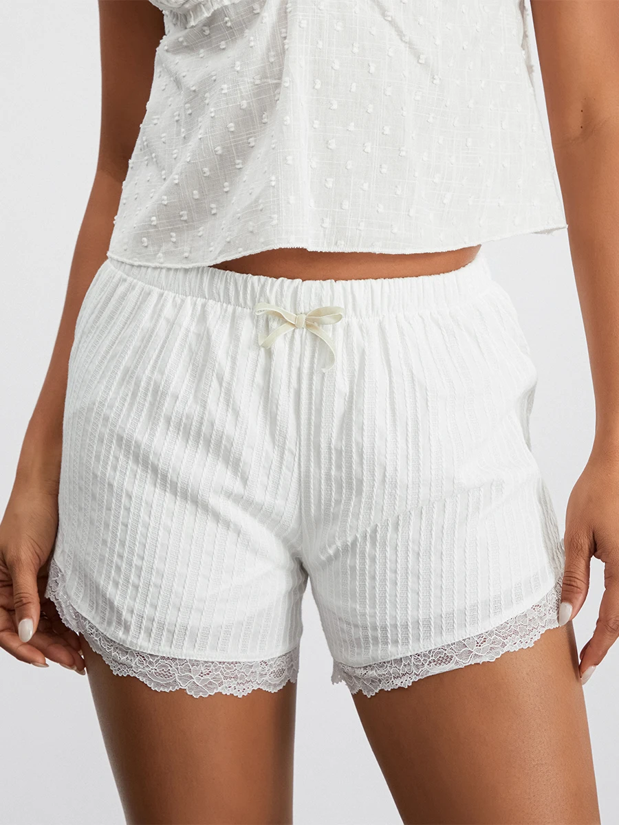 

Women’s Lace Trim Shorts Cute Elastic High Waist Little Bow Loose Lounge Short Pant for Female Casual Daily Streetwear Y2K 2000s