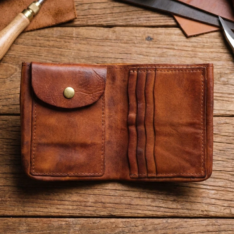 Cowhide Leather Bifold Wallet, Premium Vintage Hand-Rubbed Short Purse with Reinforced Stitching, High-Quality Leather Wallet