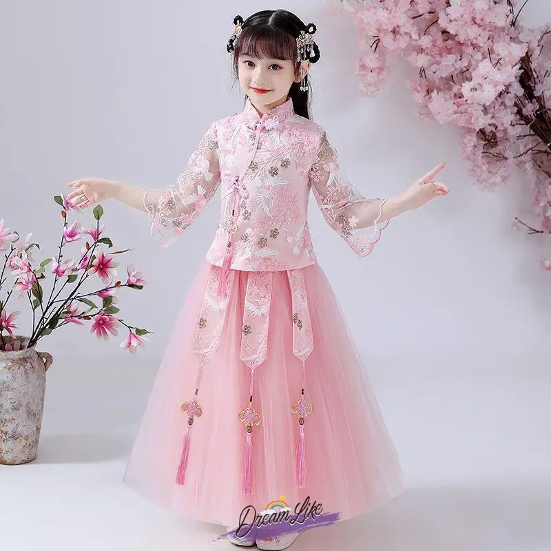 

Традиционный китайский костюм в стиле принцессы с принтом сакуры, модная сказочная юбка для девочек на весну и лето, детское платье Ханьфу