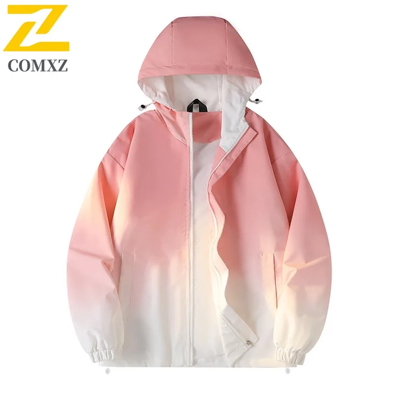 

COMXZ Mens Jacket 2025 Leisure Hooded Outdoor Camping Windproof Coat Luxury Gradient Color Autumn Lightweight Windbreaker