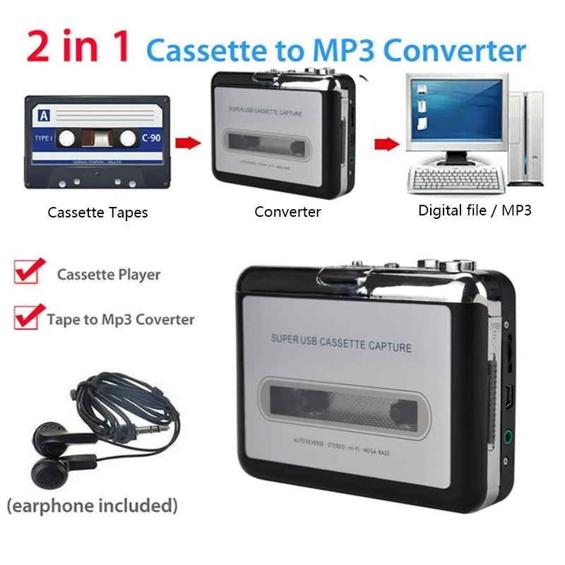 Ezcap218 USB Cassette Player Tape to PC Old Cassette to MP3 Format Converter Audio Recorder Capture Walkman with Auto Reverse