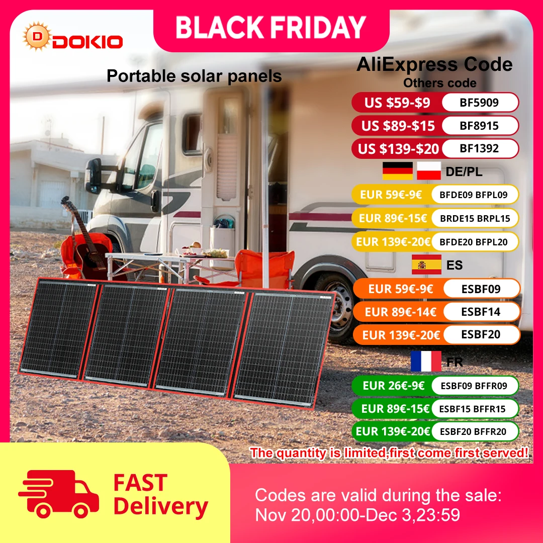 Dokio 97W 150W 195W 295W แบบพกพาแผงพลังงานแสงอาทิตย์ 12V แผงพลังงานแสงอาทิตย์แบบยืดหยุ่นสําหรับครอบครัว Camping TRIP