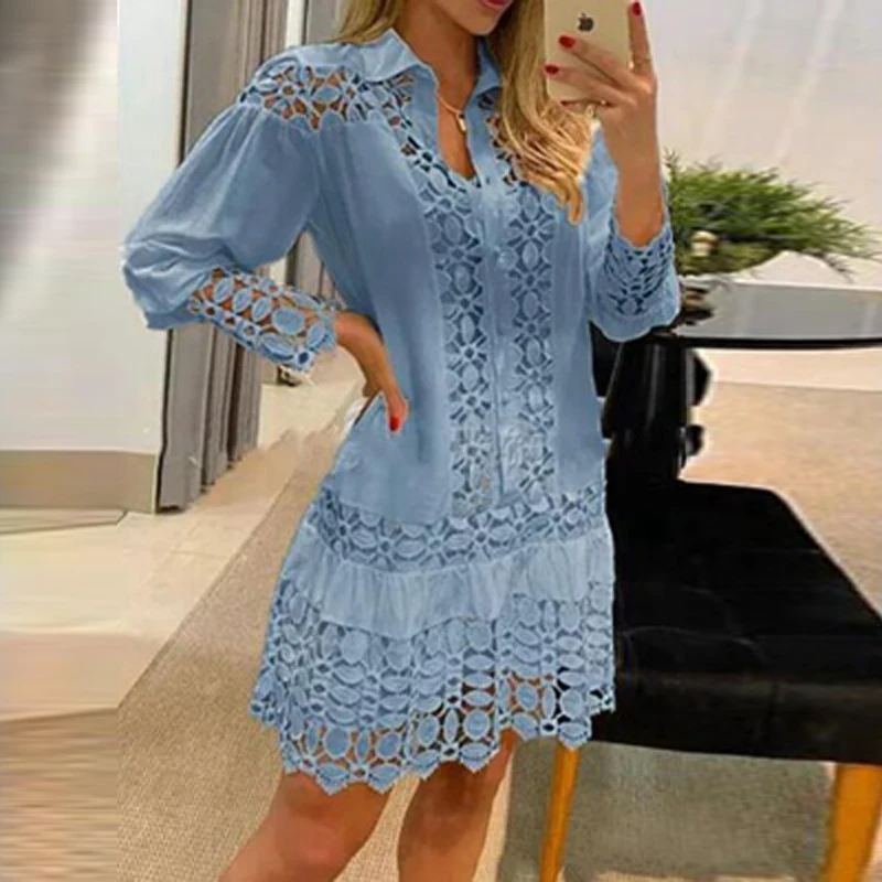 Spring Long Sleeve Button Office A-Line Dress Women Casual Lace Lapel Solid Party Dress Elegant Hollow Embroidered Mature Dress