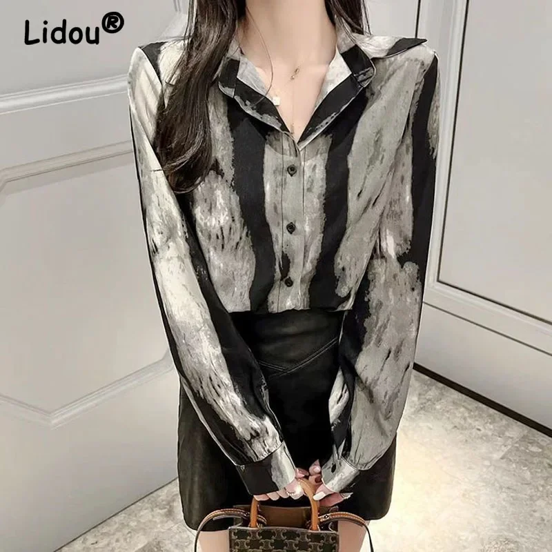 2023 Autumn Women\'s New Fashion Tie Dye Sexy Open Back Shirt Chain Long Sleeve POLO Neck Comfortable Versatile Top