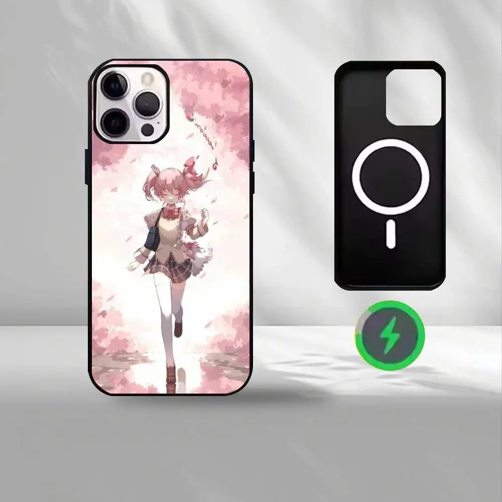 Puella Magi Madoka Magica Handyhülle für iPhone17,16,15,14,13,12,11 Max, schwarze kabellose Lade-Schutzhülle