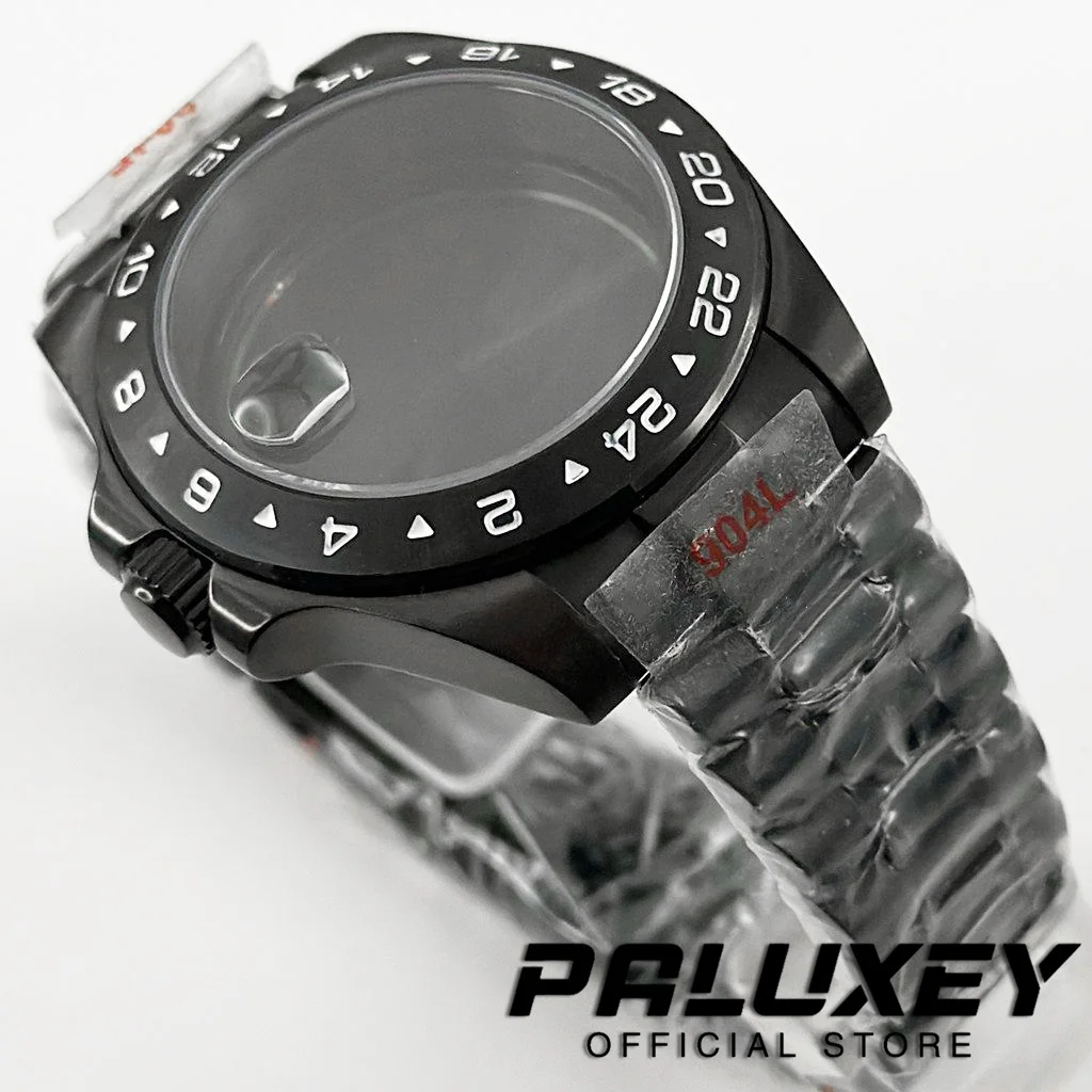 PVD Czarny EXP 24-godzinny 40MM Stała ramka Koperta zegarka Bransoletka ze stali nierdzewnej Szkło szafirowe do mechanizmu NH34 NH35 NH36 ETA2824