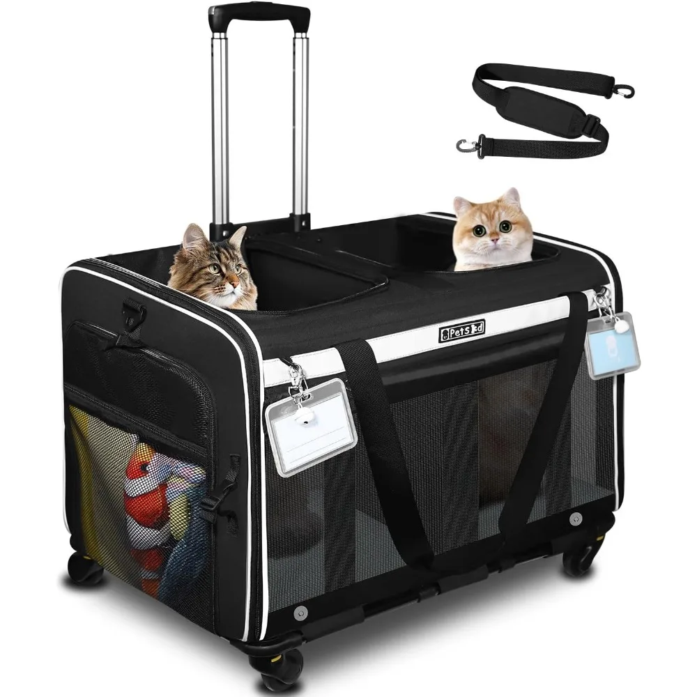 

Large Rolling 2 Compartments Pet Carrier for 2 Cats or a Medium Dog, 24X 17X 15 Double Cat Carrier with Wheels and Lockin