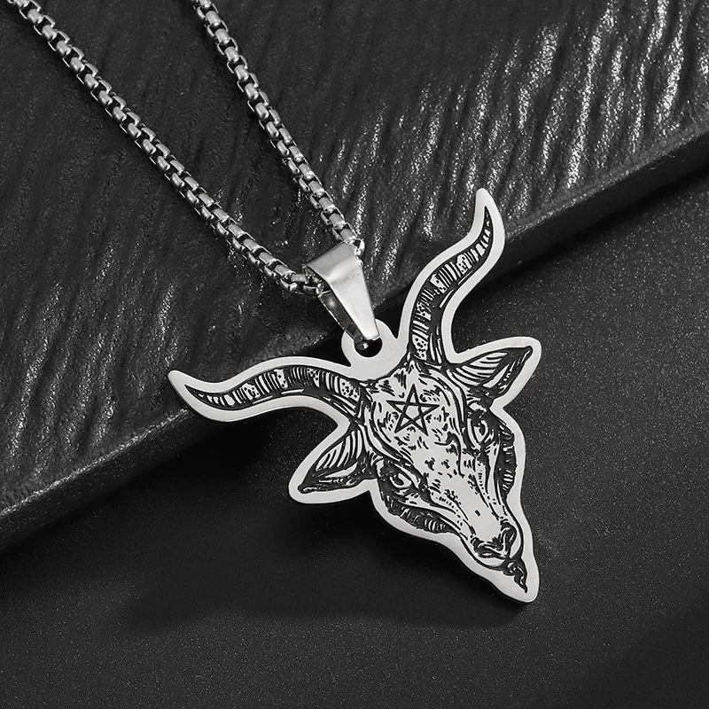 Stainless Steel Religious Five-Pointed Star Symbol Sheep Head Devil Pendant Necklace Men's Retro Punk Trend Alternative Jewelry