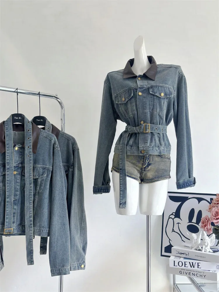 

Blue Lace-up Short Denim Jacket Streetwear Vintage Korean-style Sense Of Design Sexy Fashion Short Jacket Women