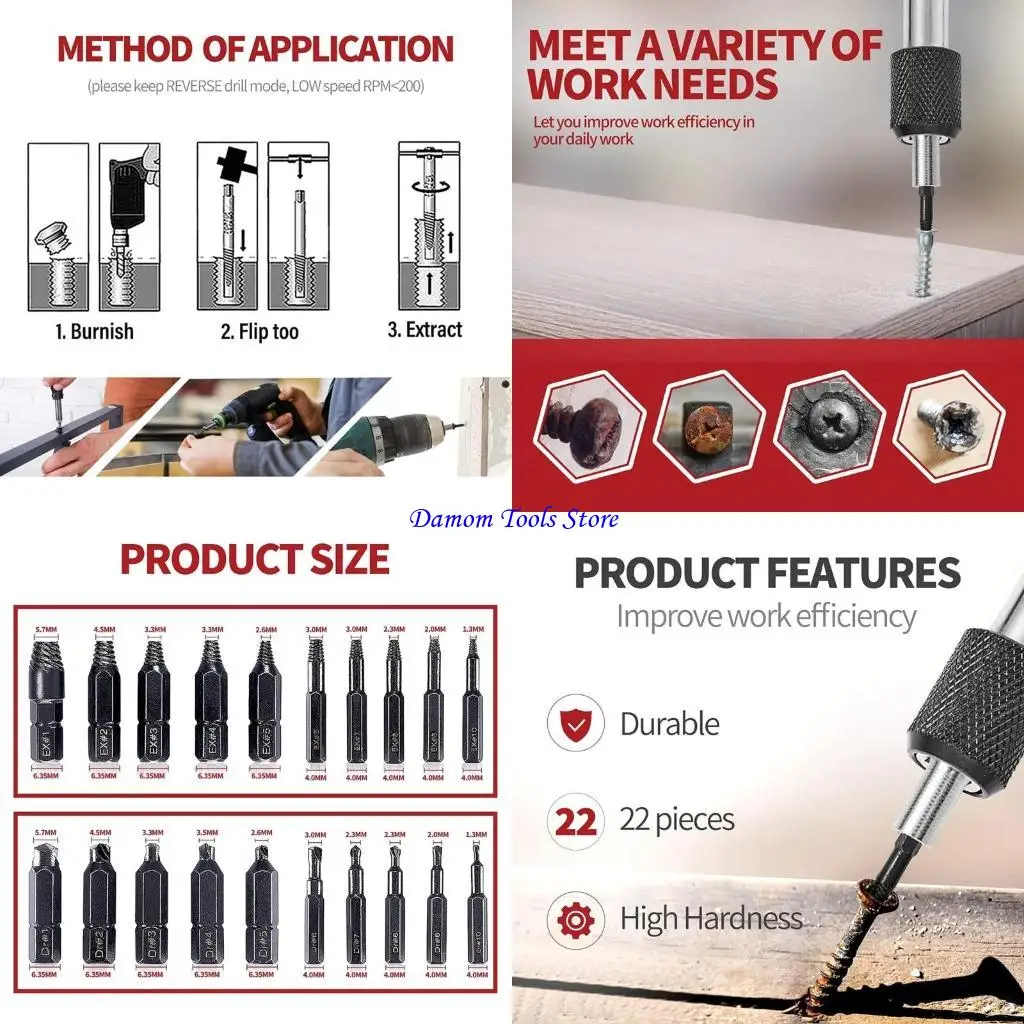 

57BE 22Pcs/set Damaged Screw Extractor Drill Bits Purpose Tools Broken Speed Out Easy Bolt Stripped Screw Remover Tool