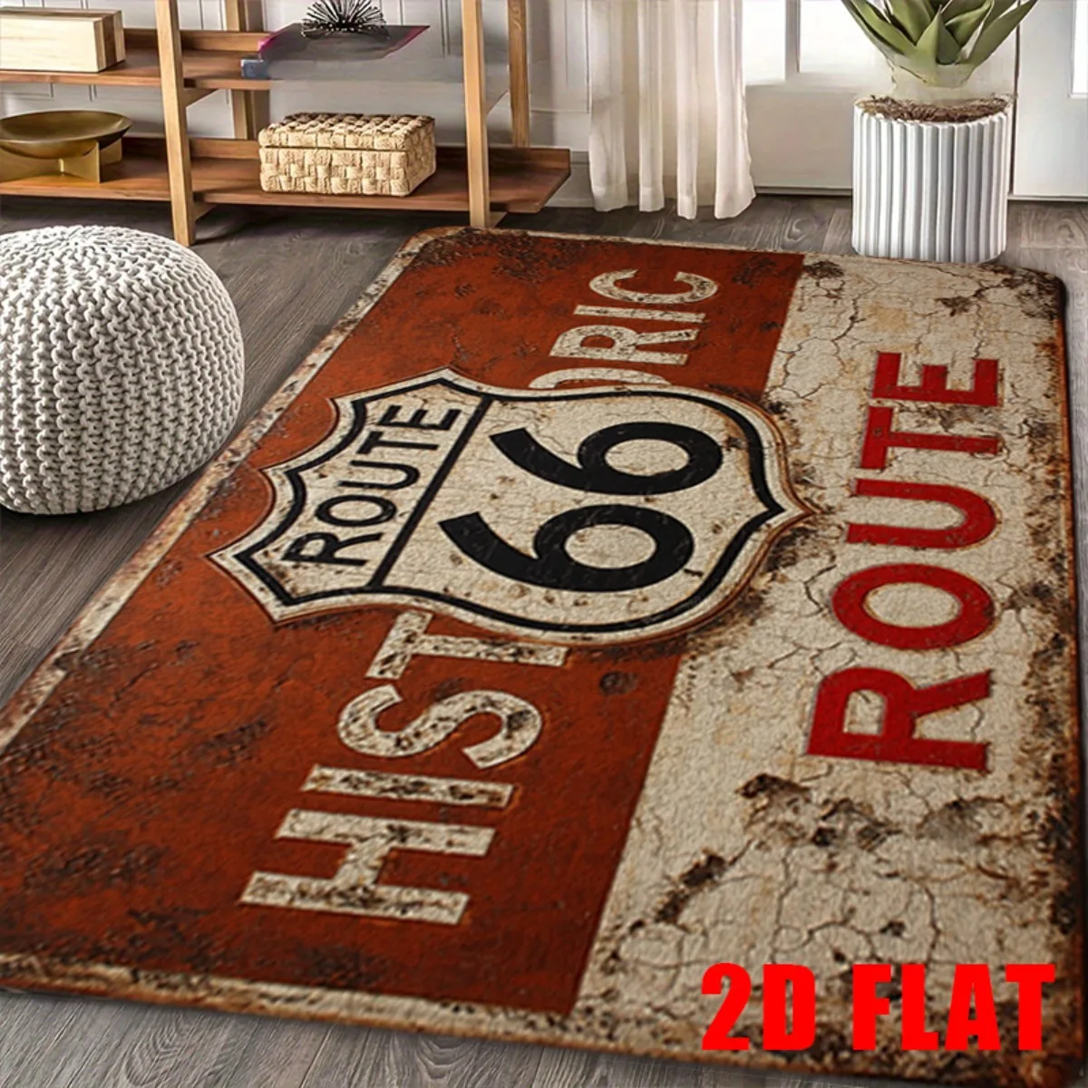 VIKAMA Vintage Route 66 Flat Floor Mat Retro Cracked‑texture Highway Sign Print Non‑slip Wear‑resistant Livingroom Household Rug