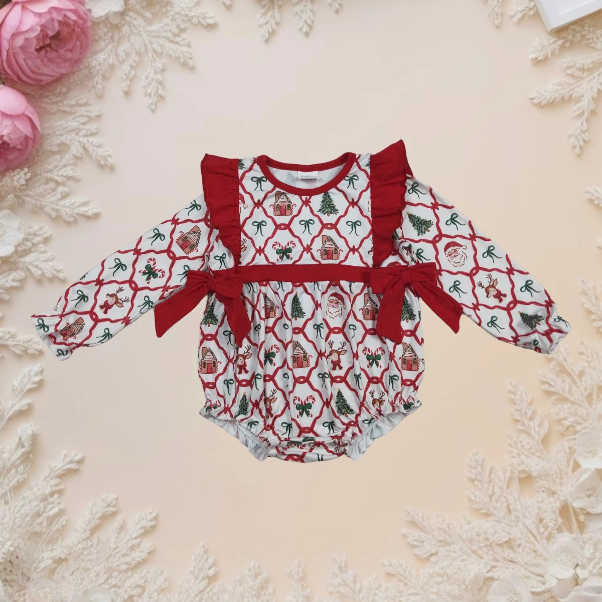 

Baby Girl Newborn Bubble Romper Long Sleeve Fall Christmas Tree Print Playsuit Ruffle Cozy Infant Toddler Jumpsuit Cute Clothes