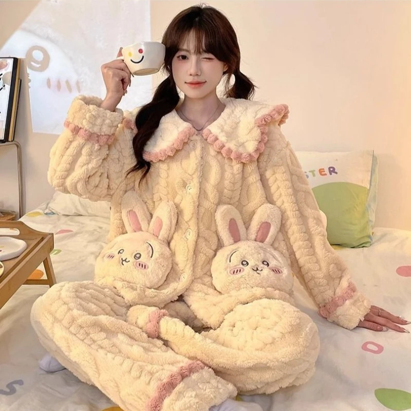 Anime Cartoon Kawaii Chiikawa Pajamas Autumn and Winter Coral Fleece Plus Velvet Thicken Lounge Clothes Suit Hachiware Usagi New