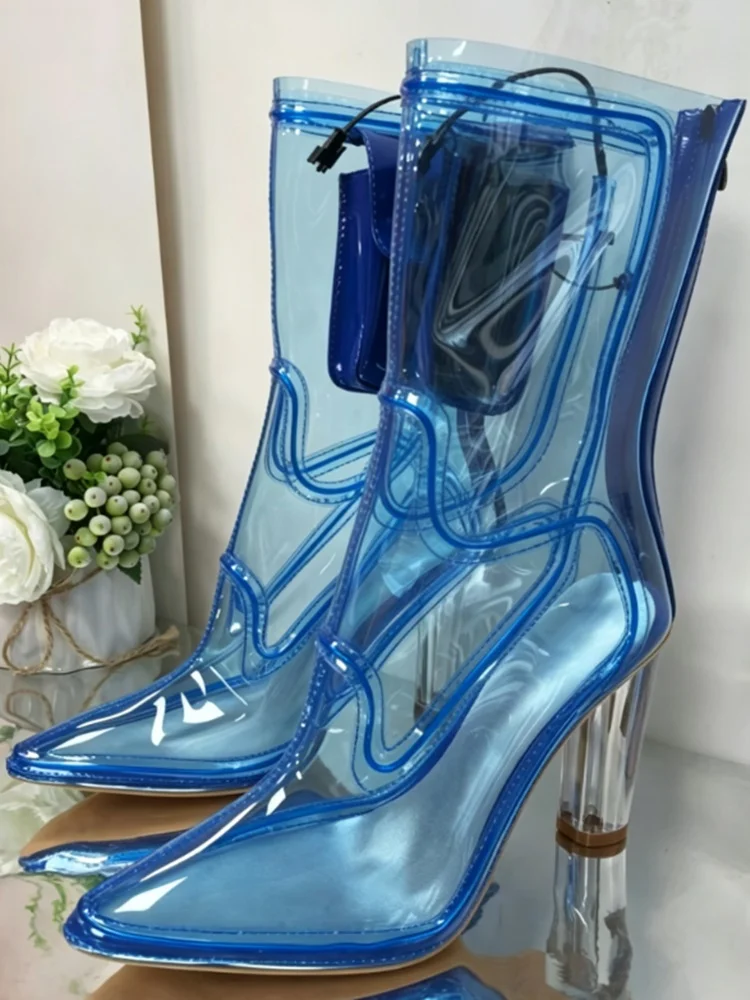Damen LED-Leuchtstiefel bis zur Wadenmitte, transparente PVC-Stiefel mit spitzer Zehenpartie und klobigem Blockabsatz, sexy Nachtclub-Party-Schuhe