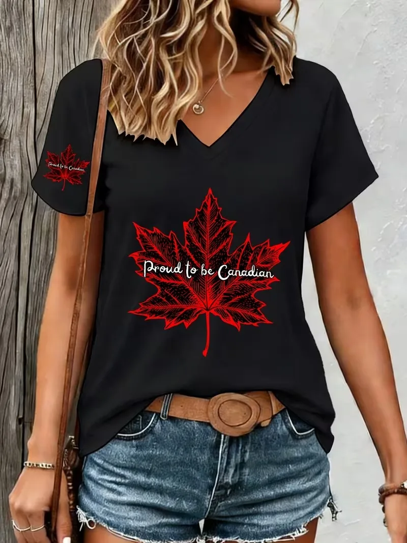 Fashion Red Maple Leaf 3D print women's T-shirt for summer comfort V-neck short sleeved daily Oversized casual y2k women's top