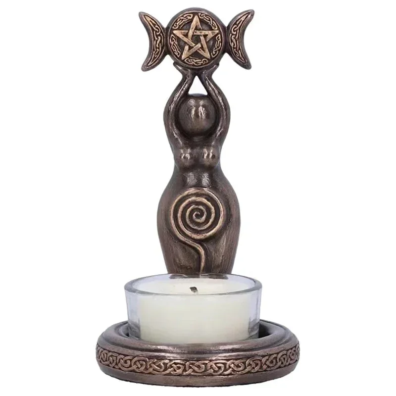 1PC Goddess Triple Moon Tealight Candle Holder Resin Sculpture Bronze Finish Resin Sculpture Home Decor Figurine Collectibles