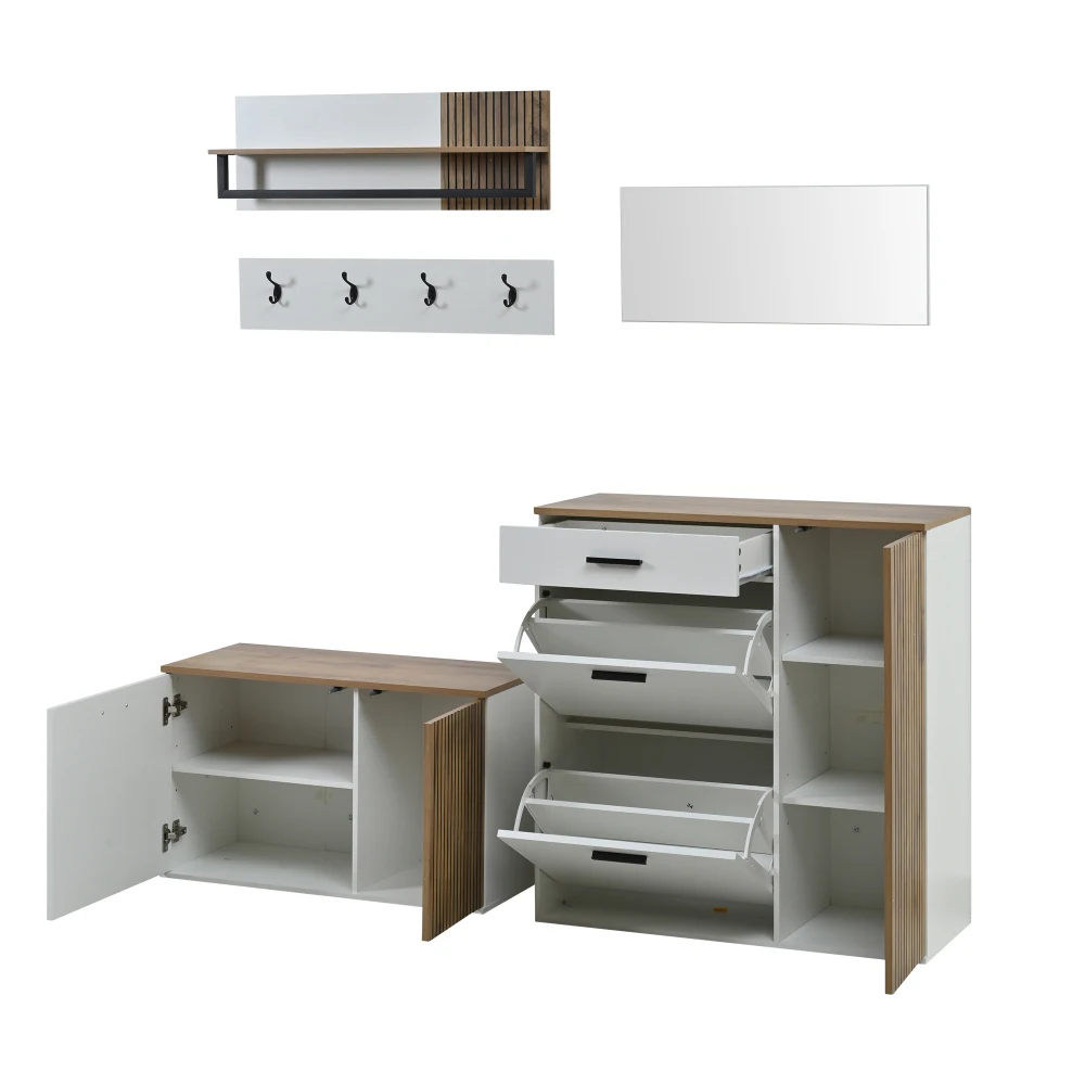 PINGGO 5-teiliges Eingangsbereich-Schuhregal-Set mit Schuhbank, Spiegel, Hängetasche und 4 Haken für Flur und Wohnzimmer – Detail 12