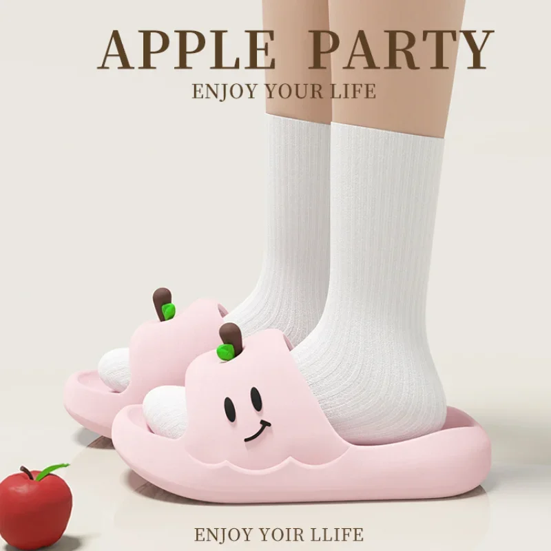 Lindas Pantuflas de EVA con Diseño de Manzana de Dibujos Animados para Mujer, Color Caramelo, Suela Gruesa, Pantuflas de Plataforma Suave para el Hogar, Sandalias Ligeras para Interiores