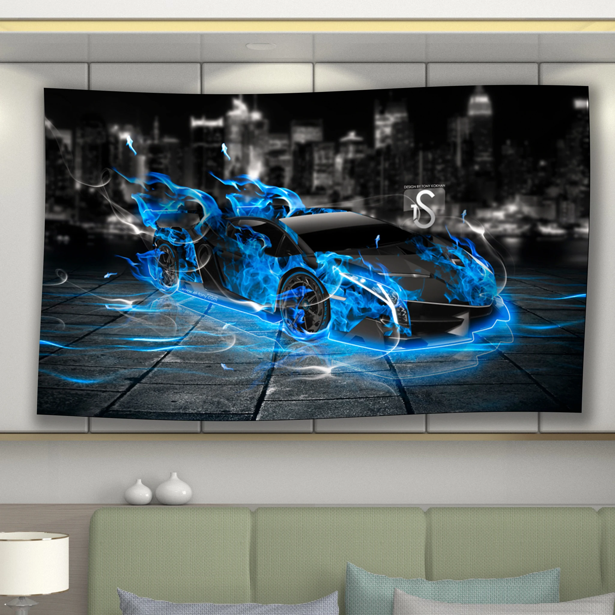 

Cool Style Blue Flame Burning Premium Sense Sports Car Background Decoration Wall Tapestry Polyester Material Living Room