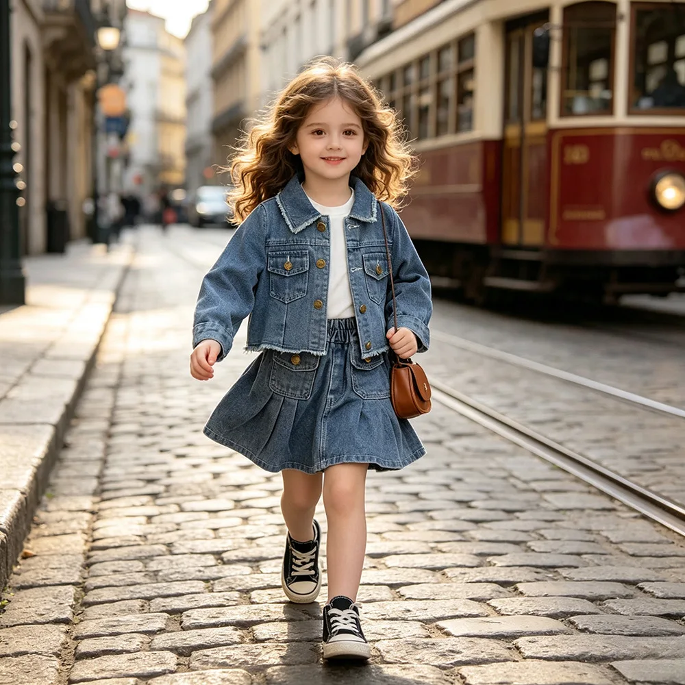Little Girls Denim 2 Piece Outfit Set Spring Kids Vintage Fringe Denim Jacket Pleated Skirt Suit Toddler Casual Daily Clothing