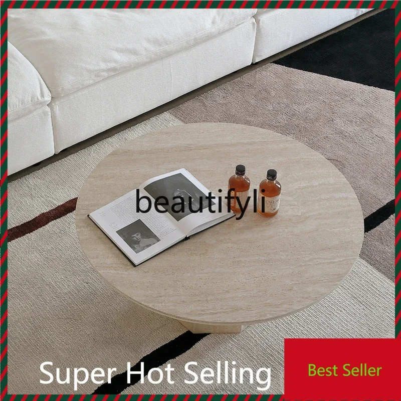 

Ouyou furniture coffee table marble round designer French travertine rock slab round coffee table G1218