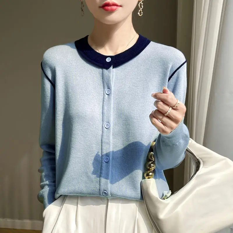 

New Korean Style O-neck Contrasting Short Knitted Cardigan Women Clothing Autumn Commuter Loose Cashmere Sweater Women Tops