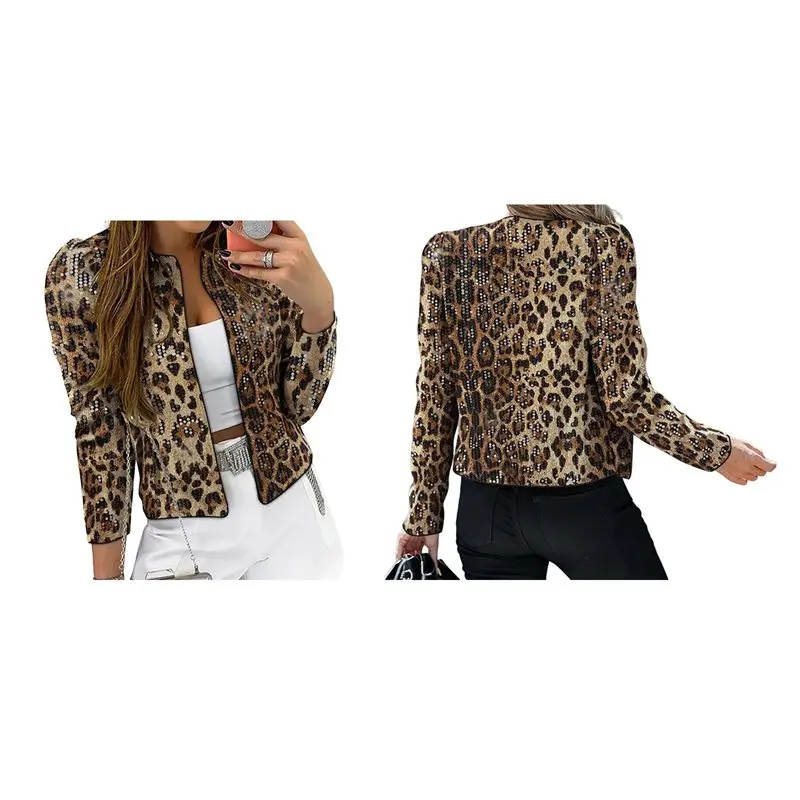 

CYL-Women's Cheetah Print Blazer Leopard Jacket Long Sleeve Suit Work Jacket